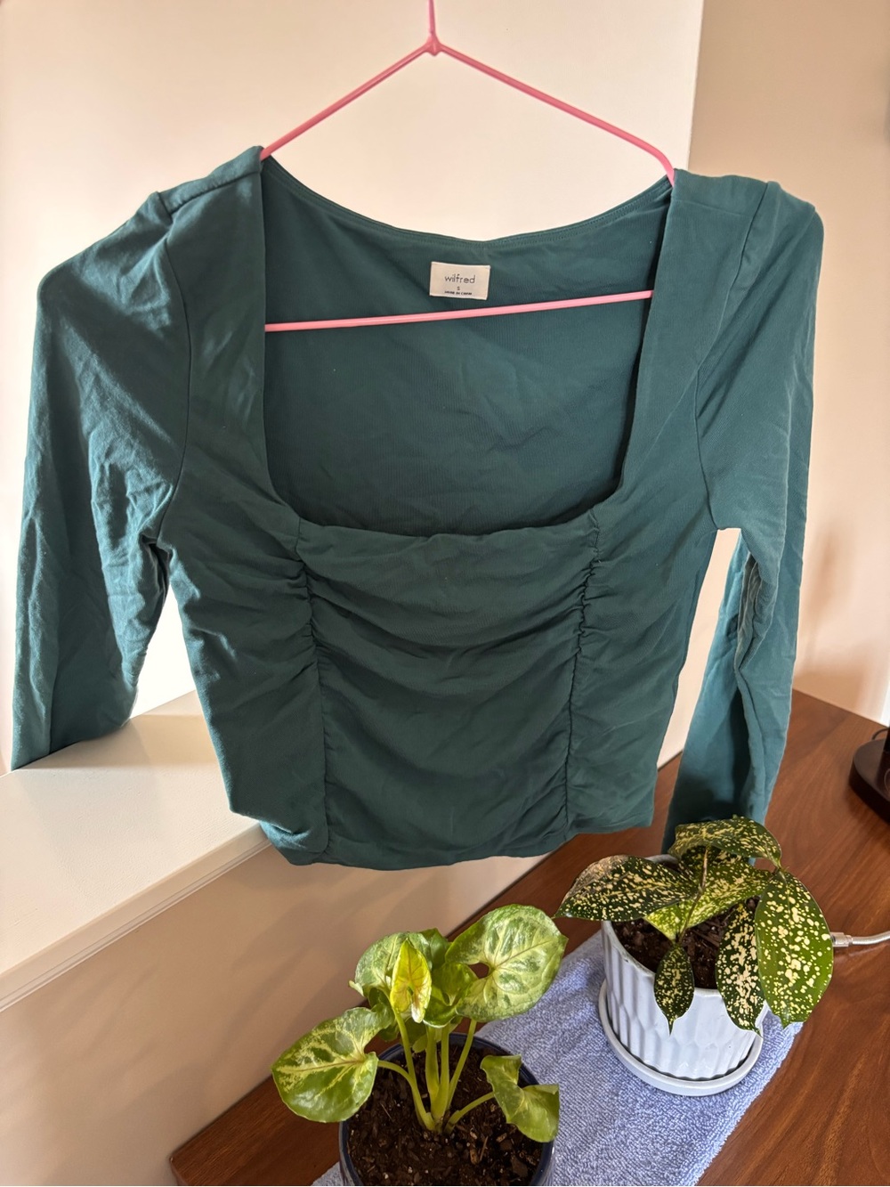Wilfred Teal Square-Neck Ruched Long-Sleeve Top